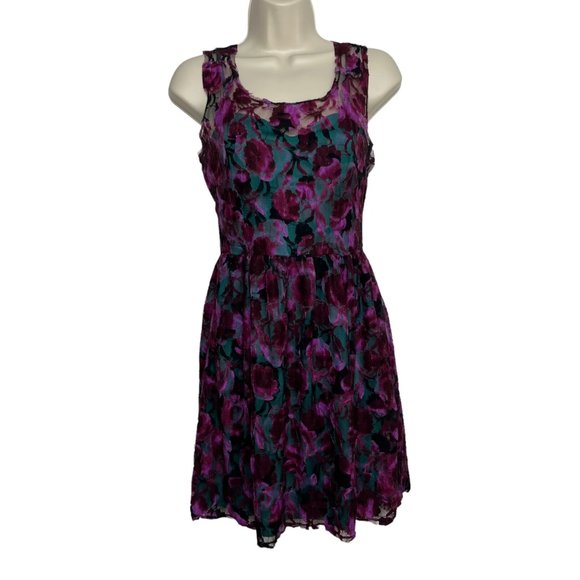 Pins & Needles Dresses Pins Needles Mini Dress Teal Fuchsia Velvet Floral Lace Overlay